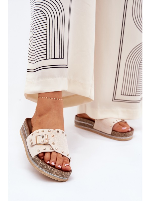 Women Sandals On Platform With Buckle And Studs Beige Nusithia