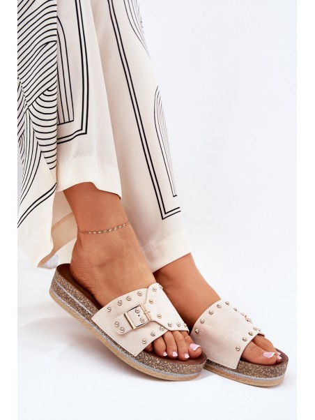Women Sandals On Platform With Buckle And Studs Beige Nusithia