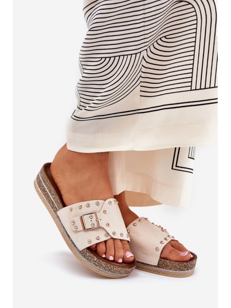 Women Sandals On Platform With Buckle And Studs Beige Nusithia