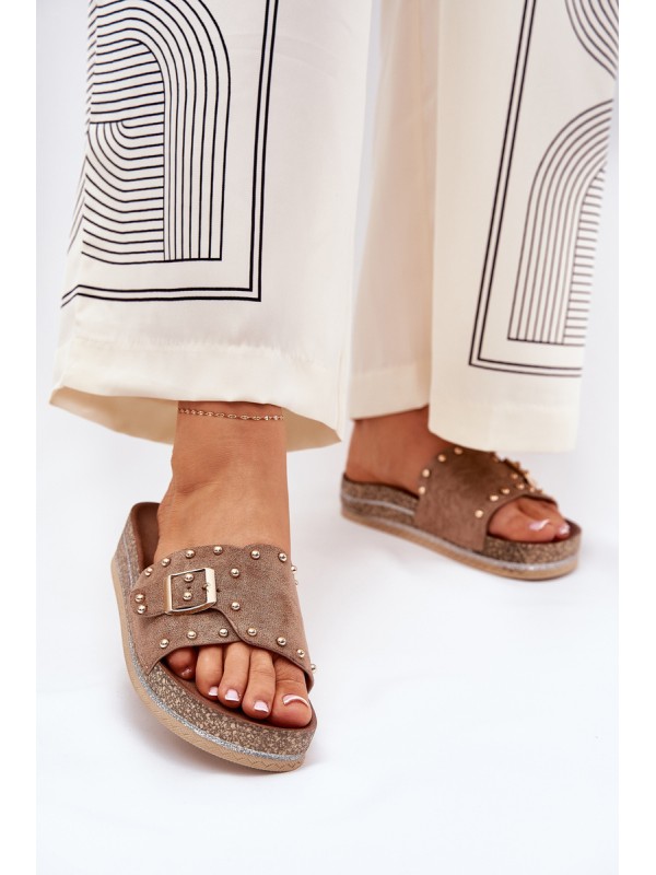 Ladies Platform Sandals With Buckle And Studs Khaki Nusithia 2