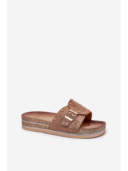 Ladies Platform Sandals With Buckle And Studs Khaki Nusithia