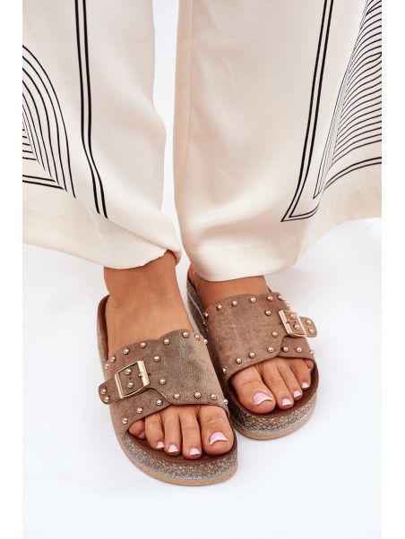 Ladies Platform Sandals With Buckle And Studs Khaki Nusithia