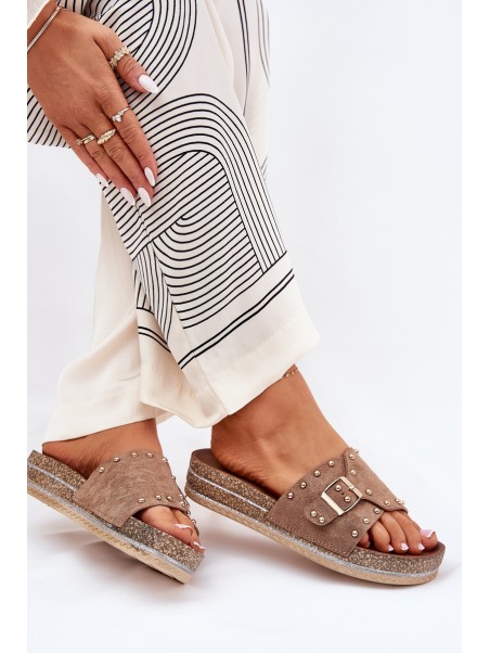 Ladies Platform Sandals With Buckle And Studs Khaki Nusithia