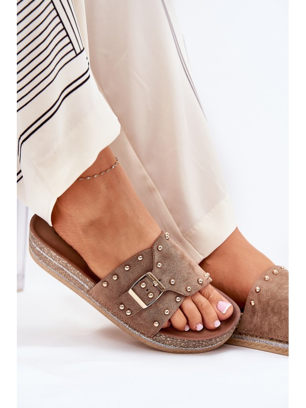 Ladies Platform Sandals With Buckle And Studs Khaki Nusithia