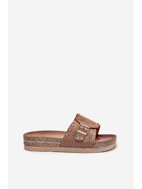 Ladies Platform Sandals With Buckle And Studs Khaki Nusithia