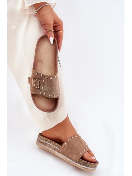 Ladies Platform Sandals With Buckle And Studs Khaki Nusithia