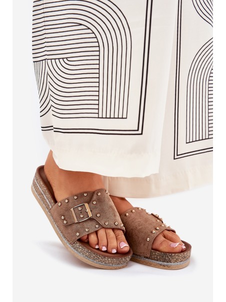 Ladies Platform Sandals With Buckle And Studs Khaki Nusithia