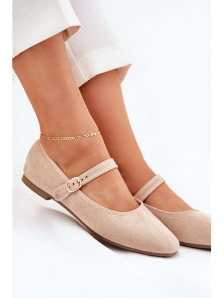 Ballet Flats With Strap And Buckle Eco Suede Beige Vikilora