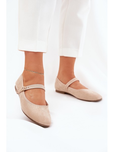 Ballet Flats With Strap And Buckle Eco Suede Beige Vikilora