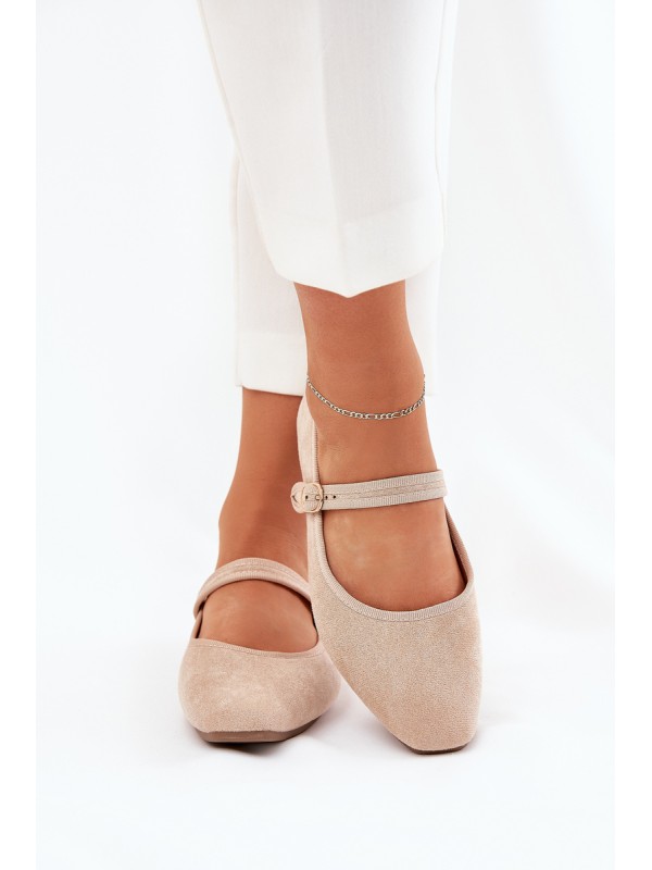 Ballet Flats With Strap And Buckle Eco Suede Beige Vikilora