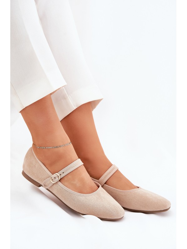 Ballet Flats With Strap And Buckle Eco Suede Beige Vikilora