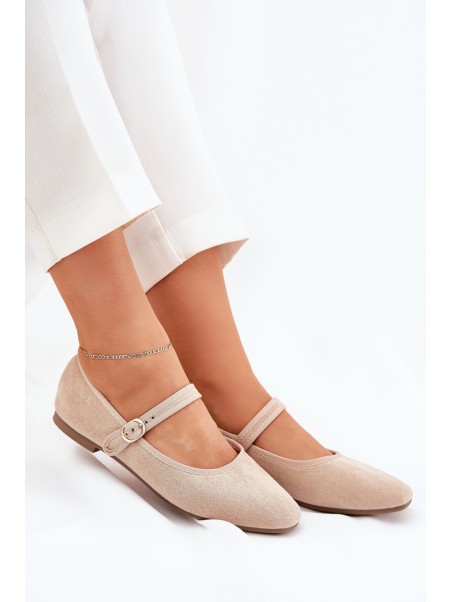Ballet Flats With Strap And Buckle Eco Suede Beige Vikilora