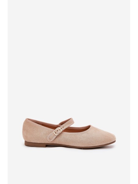 Ballet Flats With Strap And Buckle Eco Suede Beige Vikilora