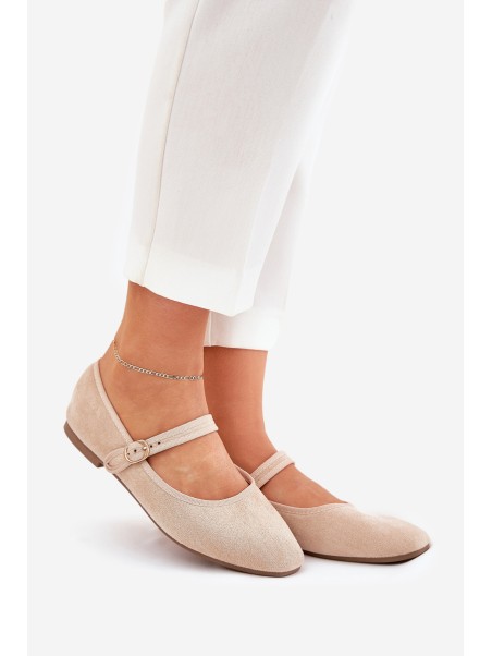 Ballet Flats With Strap And Buckle Eco Suede Beige Vikilora