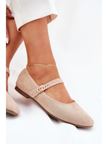 Ballet Flats With Strap And Buckle Eco Suede Beige Vikilora