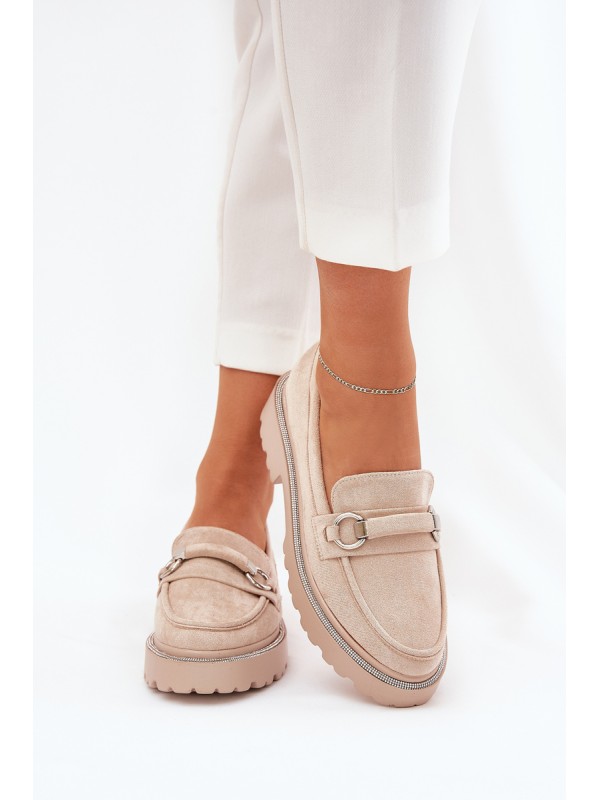 Women's Moccasins Decorated with Rhinestones Beige Patina