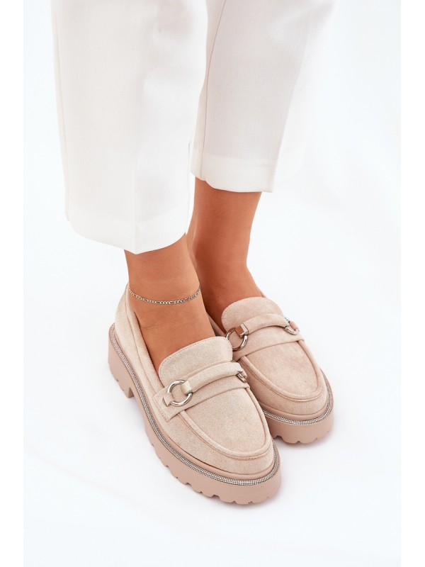 Women's Moccasins Decorated with Rhinestones Beige Patina
