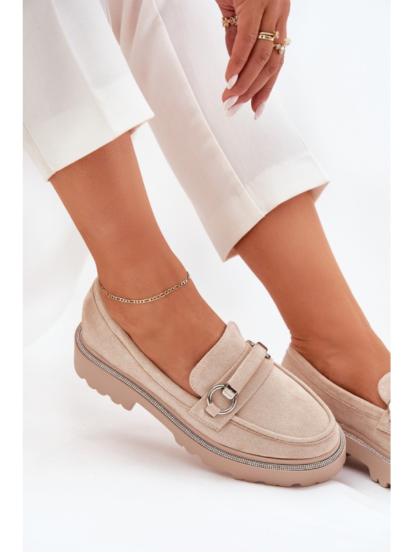 Women's Moccasins Decorated with Rhinestones Beige Patina