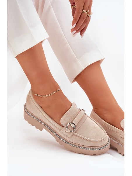 Women's Moccasins Decorated with Rhinestones Beige Patina