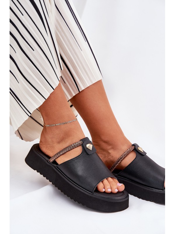 Leather Ladies Platform Slippers With Decorative Strap D&A MK51-475 Black