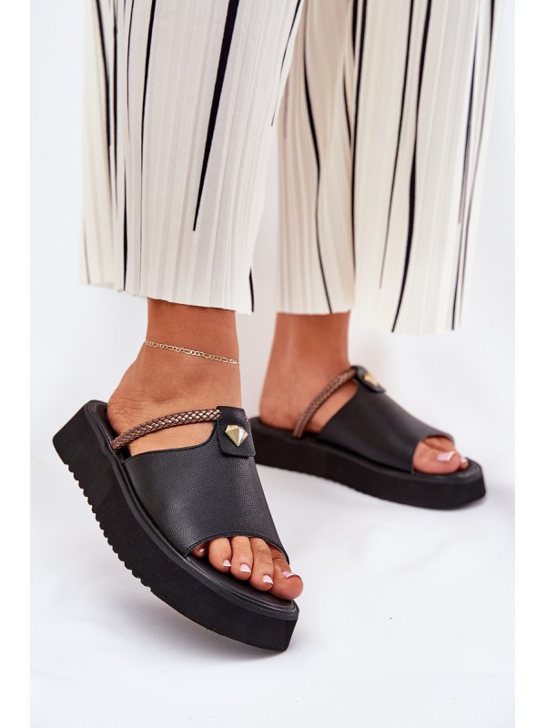 Leather Ladies Platform Slippers With Decorative Strap D&A MK51-475 Black