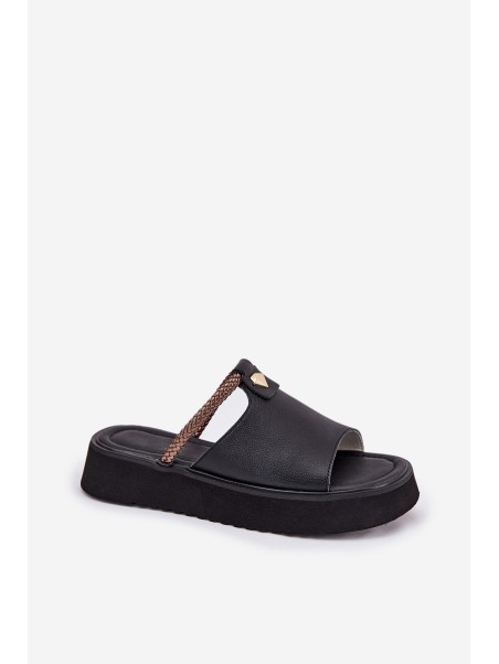 Leather Ladies Platform Slippers With Decorative Strap D&A MK51-475 Black