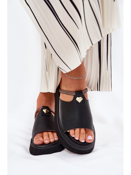 Leather Ladies Platform Slippers With Decorative Strap D&A MK51-475 Black