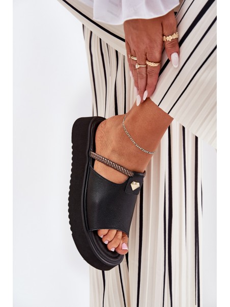 Leather Ladies Platform Slippers With Decorative Strap D&A MK51-475 Black