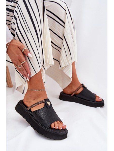 Leather Ladies Platform Slippers With Decorative Strap D&A MK51-475 Black