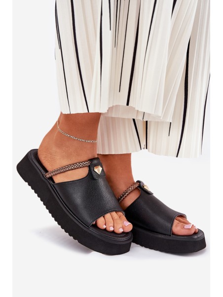 Leather Ladies Platform Slippers With Decorative Strap D&A MK51-475 Black
