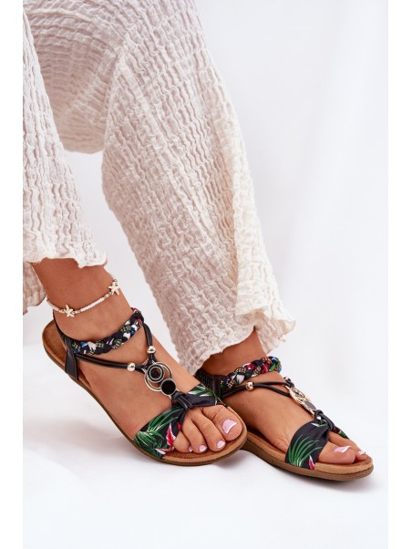 Flat Women's Sandals With Woven Strap And Decoration Black Artiker 56C1318