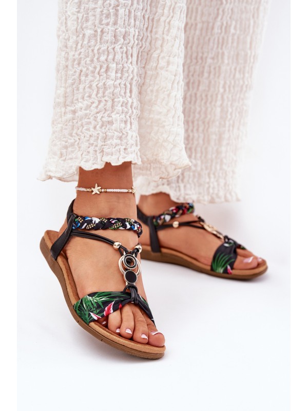 Flat Women's Sandals With Woven Strap And Decoration Black Artiker 56C1318