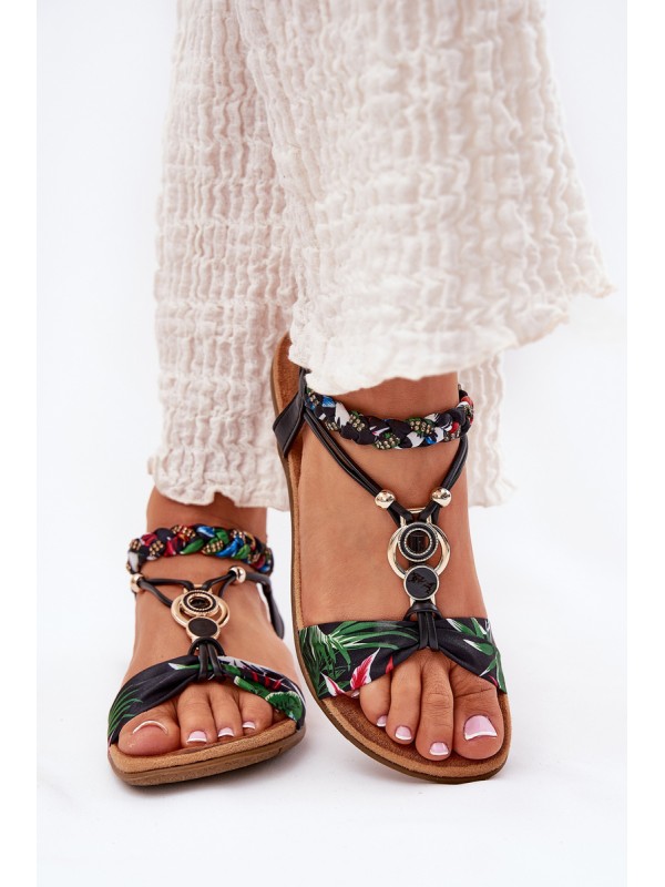 Flat Women's Sandals With Woven Strap And Decoration Black Artiker 56C1318