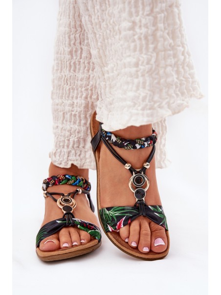 Flat Women's Sandals With Woven Strap And Decoration Black Artiker 56C1318