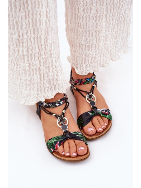 Flat Women's Sandals With Woven Strap And Decoration Black Artiker 56C1318