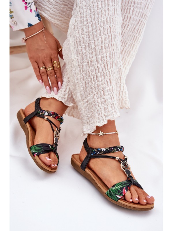 Flat Women's Sandals With Woven Strap And Decoration Black Artiker 56C1318