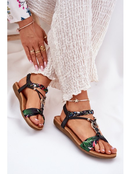 Flat Women's Sandals With Woven Strap And Decoration Black Artiker 56C1318