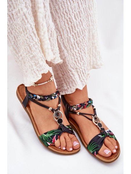 Flat Women's Sandals With Woven Strap And Decoration Black Artiker 56C1318