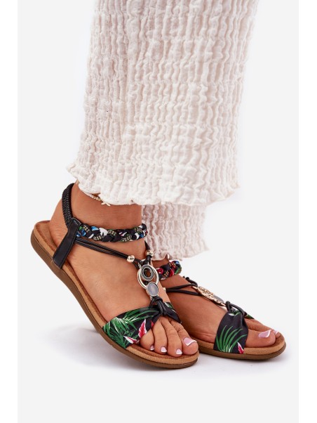 Flat Women's Sandals With Woven Strap And Decoration Black Artiker 56C1318