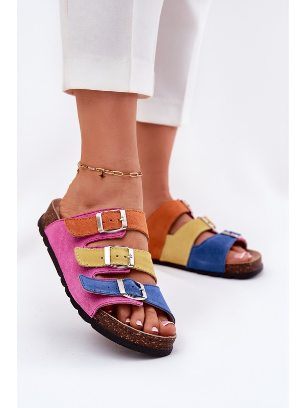 Ladies Suede Slippers With Buckles Panto Fino Fuksja RR267033