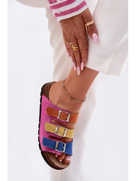 Ladies Suede Slippers With Buckles Panto Fino Fuksja RR267033