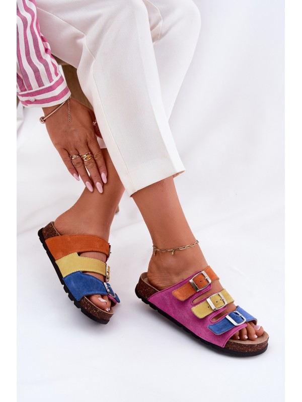 Ladies Suede Slippers With Buckles Panto Fino Fuksja RR267033