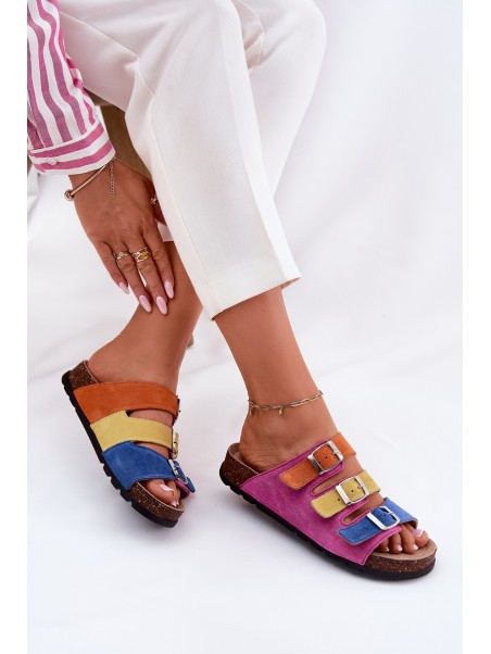 Ladies Suede Slippers With Buckles Panto Fino Fuksja RR267033