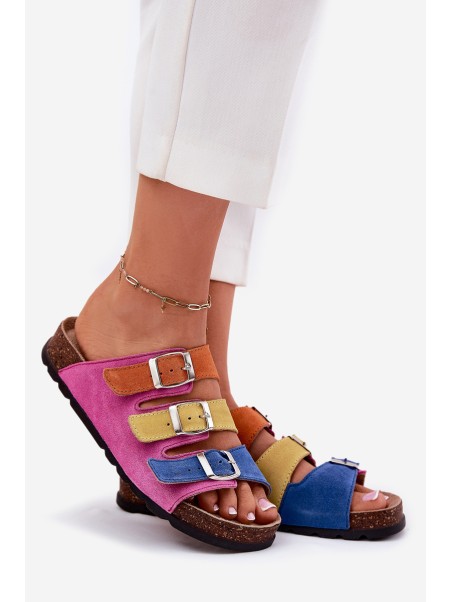 Ladies Suede Slippers With Buckles Panto Fino Fuksja RR267033