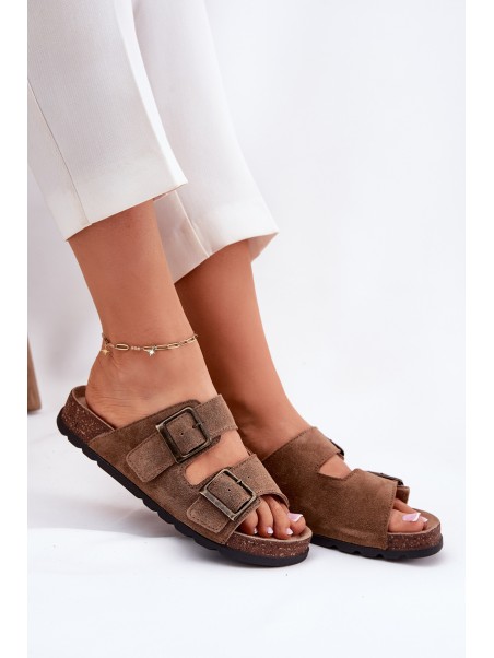 Women's Suede Slippers With Buckles Panto Fino RR267024 Brown