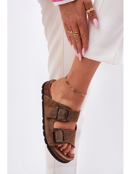 Women's Suede Slippers With Buckles Panto Fino RR267024 Brown