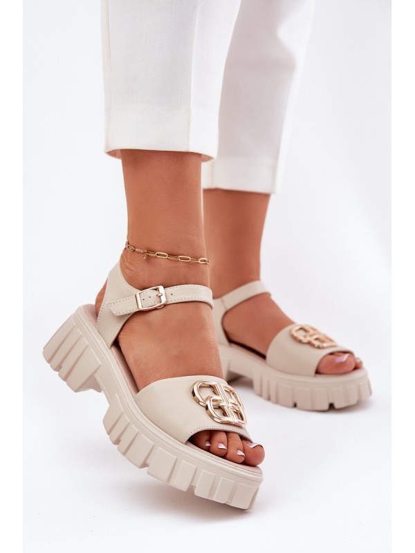 Women's Leather Sandals With Golden Detail Vinceza 79541 Beige