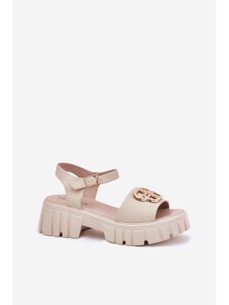 Women's Leather Sandals With Golden Detail Vinceza 79541 Beige