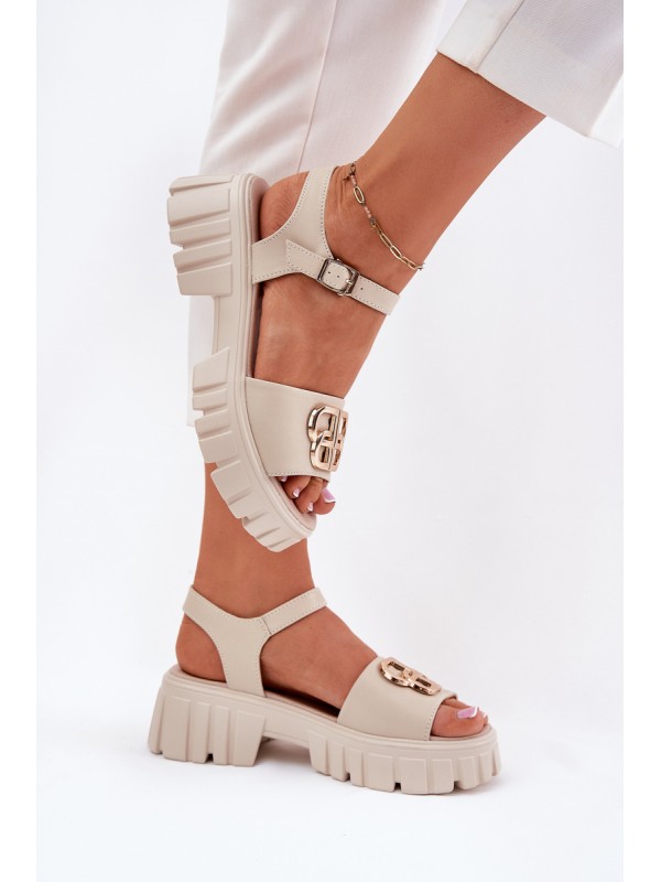 Women's Leather Sandals With Golden Detail Vinceza 79541 Beige