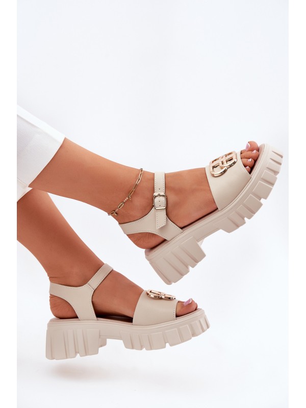 Women's Leather Sandals With Golden Detail Vinceza 79541 Beige